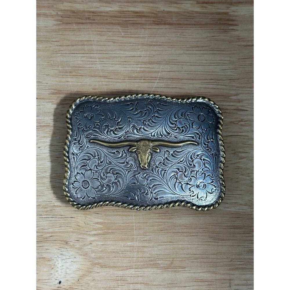 Western Belt Buckle Longhorn Bull Head Silver Tone 1995
